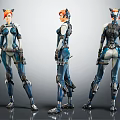 Female Cat Eared Character Design With Blue Black Mechanical Suit And Orange Hair