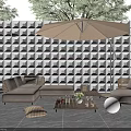 Outdoor Sofa Set With Parasol Geometric Pattern Wall Green Plants Coffee Table And Cushion