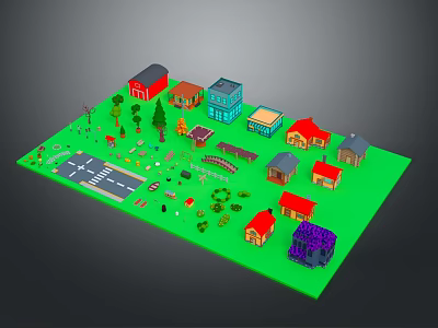 Small Town Model Scene Components With Colored Houses Trees Roads And Bridges 3d model