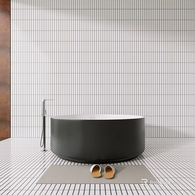 Modern Black Round Bathtub In Bathroom With White Vertical Striped Tile Wall And Silver Faucet 3d model 