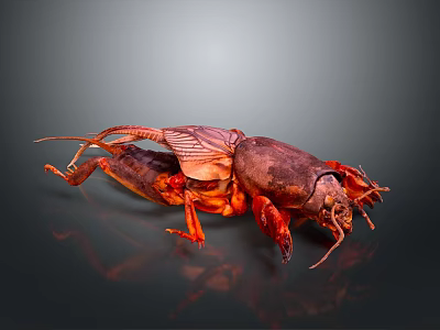 Detailed Brown Cockroach With Spread Wings On Dark Reflective Surface Showing Reflection 3d model