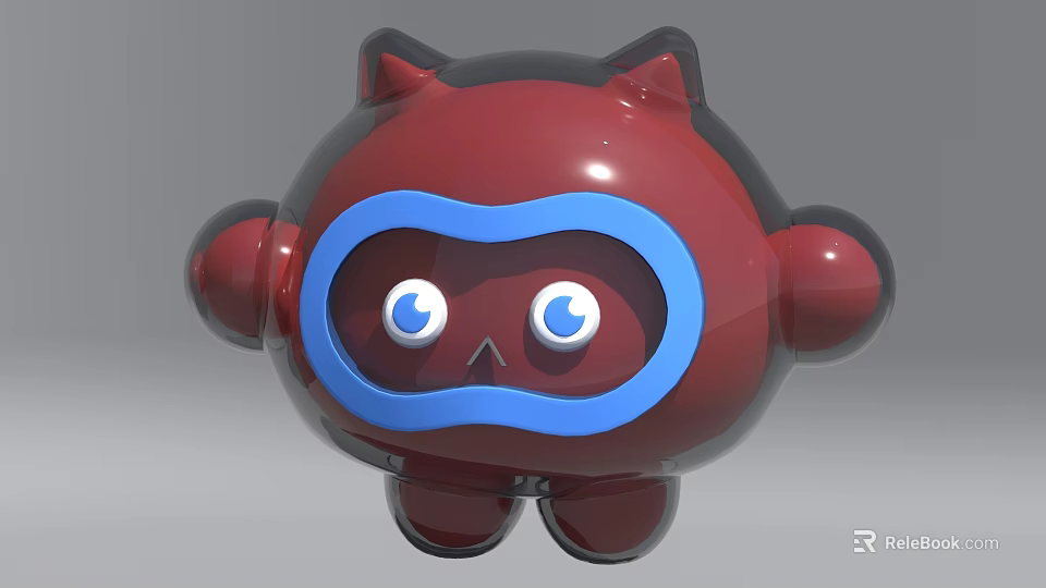 Shiny Red Cartoon Character With Blue Facial Accents Big Eyes And Rounded Ears 3d model 