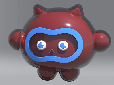 Shiny Red Cartoon Character With Blue Facial Accents Big Eyes And Rounded Ears 3d model