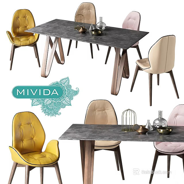 Stylish Modern Dining Table Chair Set With Yellow Beige Pink Chairs Grey Tabletop Wooden Legs 3d model 