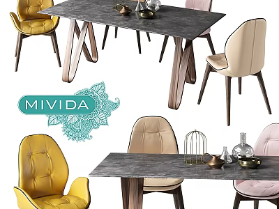 Stylish Modern Dining Table Chair Set With Yellow Beige Pink Chairs Grey Tabletop Wooden Legs 3d model