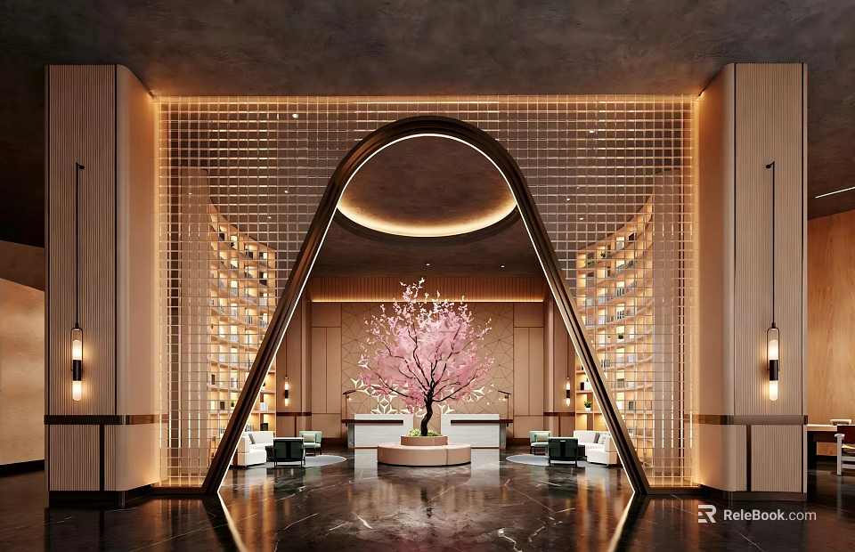 Elegant Hotel Lobby Interior With Arched Design Pink Cherry Blossom Tree And Bookshelf Walls 3d model 