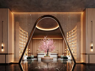 Elegant Hotel Lobby Interior With Arched Design Pink Cherry Blossom Tree And Bookshelf Walls 3d model