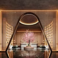 Elegant Hotel Lobby Interior With Arched Design Pink Cherry Blossom Tree And Bookshelf Walls