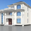 Two Story Detached Villa With White Exterior Brown Door Balcony Arched Windows And Decorative Carvings