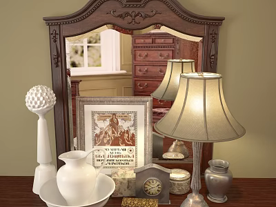 Decorative Wooden Carved Frame Mirror on Dresser Top with Vase Lamp Photo Clock and Decor 3d model