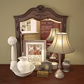 Decorative Wooden Carved Frame Mirror on Dresser Top with Vase Lamp Photo Clock and Decor