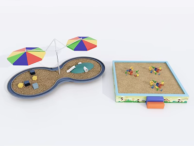 Peanut And Square Shaped Sandpit Play Equipment With Colorful Umbrellas And Toys 3d model