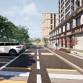 Vibrant Commercial Street With High Rise Buildings Shops Signboards And Greenery