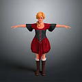 Blonde Woman in Red Black Plaid Dress Black Sleeves Laced Waist Brown Boots Arms Outstretched