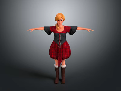 Blonde Woman in Red Black Plaid Dress Black Sleeves Laced Waist Brown Boots Arms Outstretched 3d model