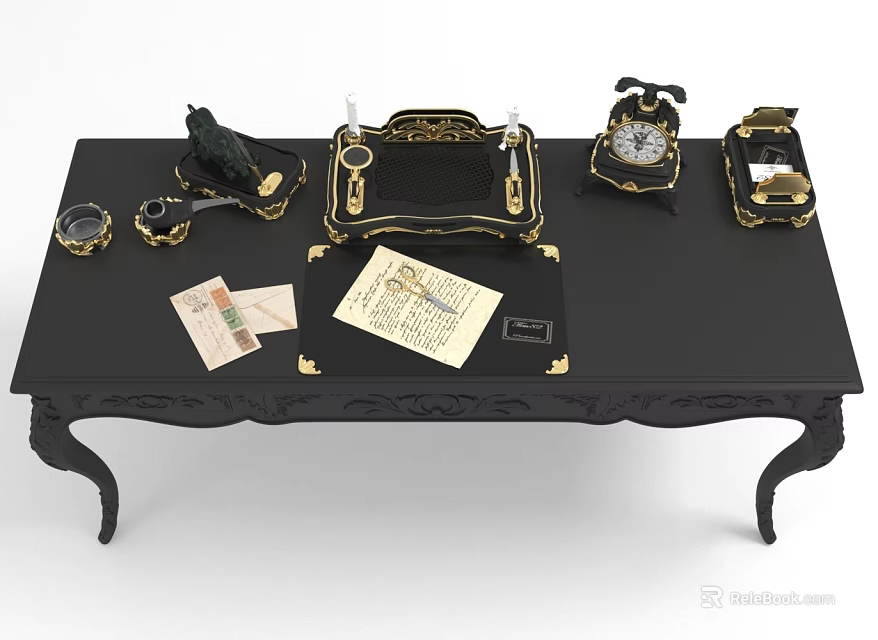 Vintage Table With Carved Legs Black Surface Featuring Inkwell Pen Typewriter Clock Letters And Paper 3d model 