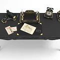Vintage Table With Carved Legs Black Surface Featuring Inkwell Pen Typewriter Clock Letters And Paper