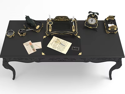 Vintage Table With Carved Legs Black Surface Featuring Inkwell Pen Typewriter Clock Letters And Paper 3d model