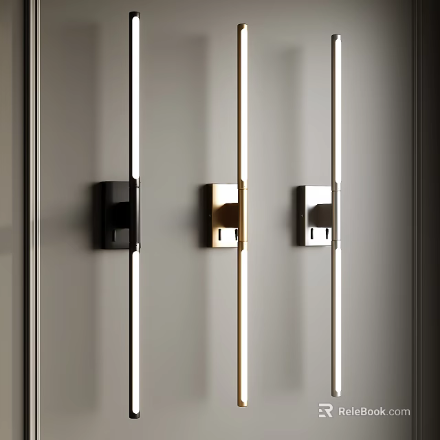 Elegant Modern Black Gold Silver Wall Sconces With Linear Light On Grey Wall 3d model