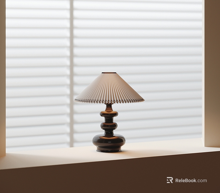 Minimalist Table Lamp With Pleated Shade Dark Base On Windowsill And Blinds Background 3d model 