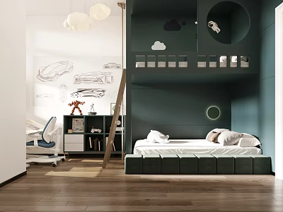 Kids Room Interior With Green Wall Bunk Bed Ladder Car Drawings And Cloud Decorations 3d model