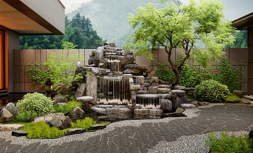 New Chinese-style rockery Waterscape Courtyard Landscape Stone Ting Buqing Slate Road Plant Landscape Tree 3d model