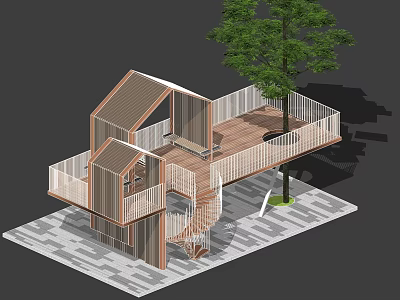 Wooden Pergola Design with Spiral Staircase and Open Platform Railing Surrounded by Green Tree 3d model