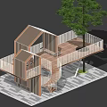 Wooden Pergola Design with Spiral Staircase and Open Platform Railing Surrounded by Green Tree