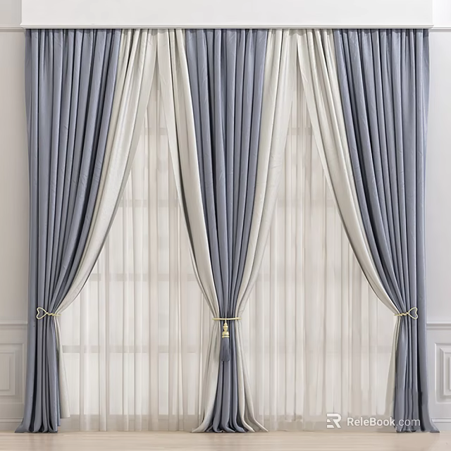 Gray and White Layered Curtains With Sheer Panels And Decorative Tiebacks For Modern Windows 3d model 