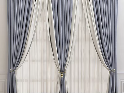 Gray and White Layered Curtains With Sheer Panels And Decorative Tiebacks For Modern Windows 3d model
