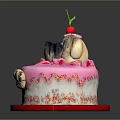 Pug Themed Cake With Pink Frosting Cherry On Top And Paw Print Decorations
