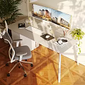 Home Office Desk Setup With Dual Monitors Ergonomic Chair Desk Lamp And Green Plants