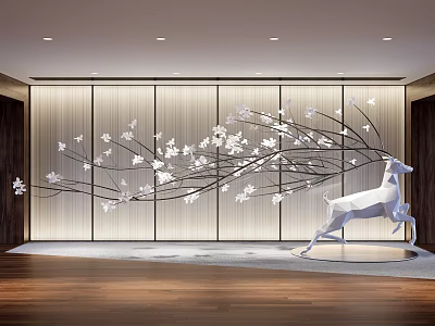 White Running Deer Sculpture With Branch And Flower Carvings In Modern Interior Space 3d model