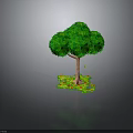 Green Leafy Tree With Brown Trunk And Lush Foliage Surrounded By Red And Green Flowers