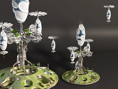Multiple Floating Space Capsules With Metallic Structure And Green Decorative Base 3d model