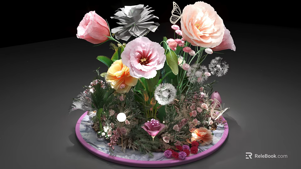 Colorful Floral Bouquet With Butterfly Dandelion And Various Colored Flowers On Round Plate 3d model 
