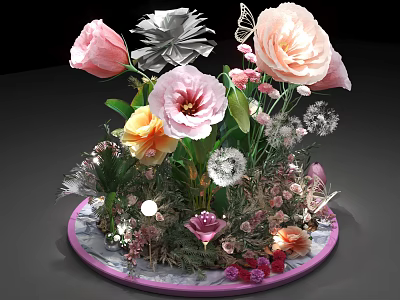 Colorful Floral Bouquet With Butterfly Dandelion And Various Colored Flowers On Round Plate 3d model