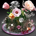 Colorful Floral Bouquet With Butterfly Dandelion And Various Colored Flowers On Round Plate