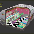 Cartoon Retro Diner Interior With Pink Walls Black White Checkerboard Floor And Blue Seats