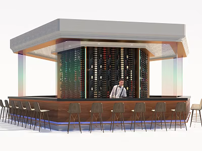 Modern Bar Counter With Wooden Top Wine Rack Wall Bartender And Bar Stools 3d model