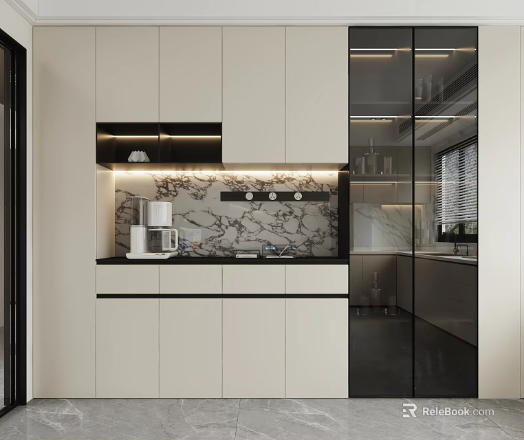 Modern Sideboard Design With Marble Backsplash Integrated Lighting Glass Doors and Functional Storage 3d model