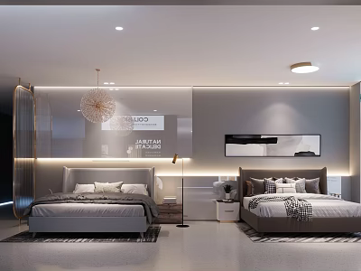 Modern Style Bedroom Showroom With Elegant Beds And Lighting Fixtures 3d model
