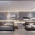Modern Style Bedroom Showroom With Elegant Beds And Lighting Fixtures