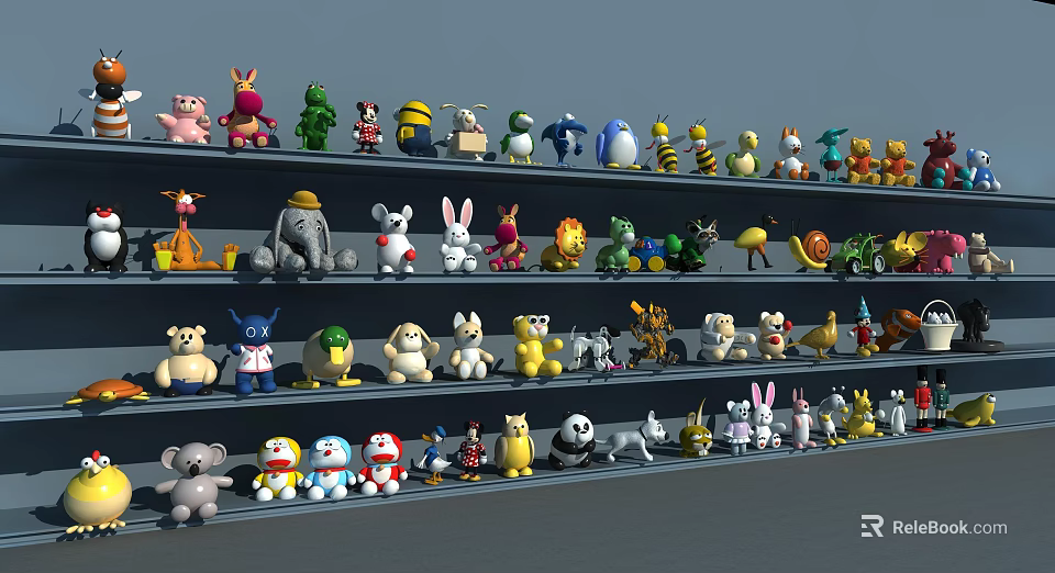 Colorful Plush Dolls Arranged On Shelves With Various Animal And Cartoon Figures 3d model 