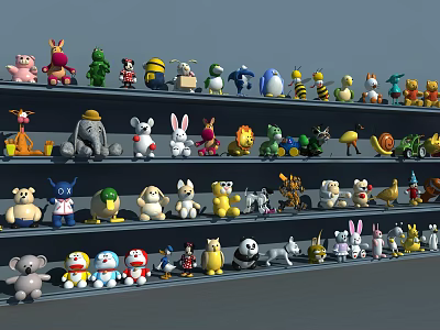 Colorful Plush Dolls Arranged On Shelves With Various Animal And Cartoon Figures 3d model