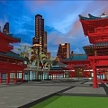 Traditional Red Ancient Building Featuring Blue Roof Against Modern Skyscrapers And Palm Trees