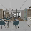 Modern Restaurant Interior Design With Wooden Partitions Sofa Seating Blue Chairs And Herringbone Floor