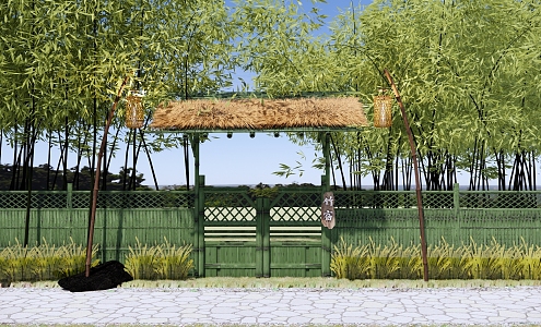 Chinese-style Country Courtyard Door Courtyard Door Wall Bamboo Forest Small Courtyard Door Bamboo Lantern Homestay Small Courtyard Door Bamboo Fence 3d model