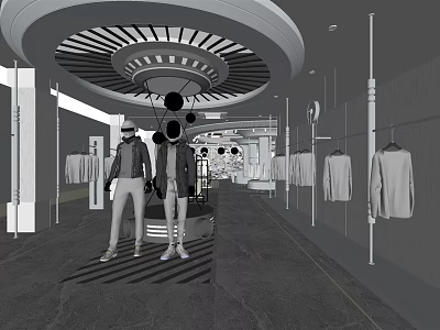 Modern Clothing Store Interior With Mannequins Hanging Clothes And Ceiling Design 3d model