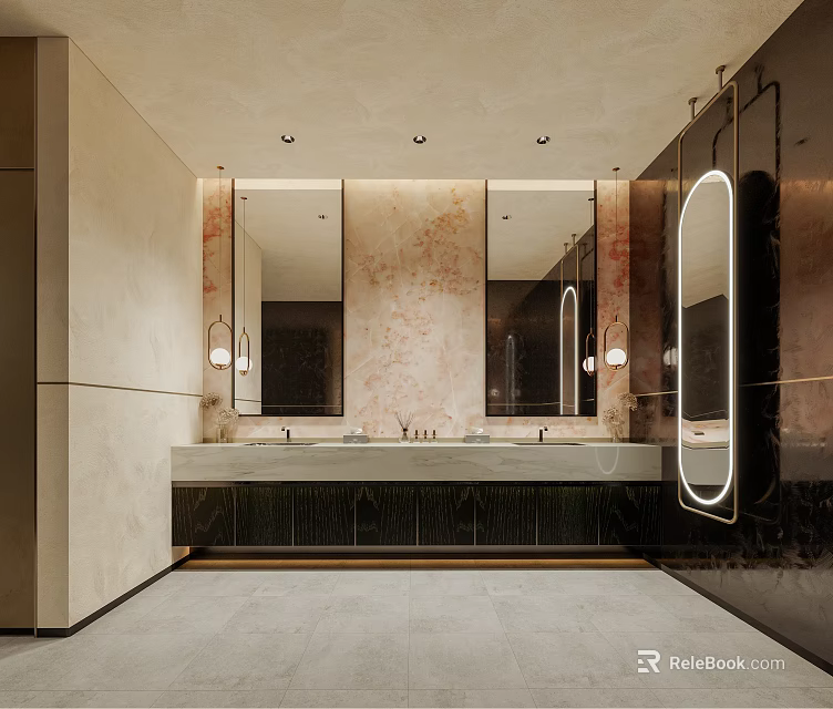 Modern Upscale Public Restroom Interior Features Marble Vanity Top And Stylish Backlit LED Mirrors 3d model 